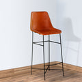 Bar Height Chair With Genuine Leather Upholstery, Tubular Frame, Tan Brown, Black Walnut Black Iron