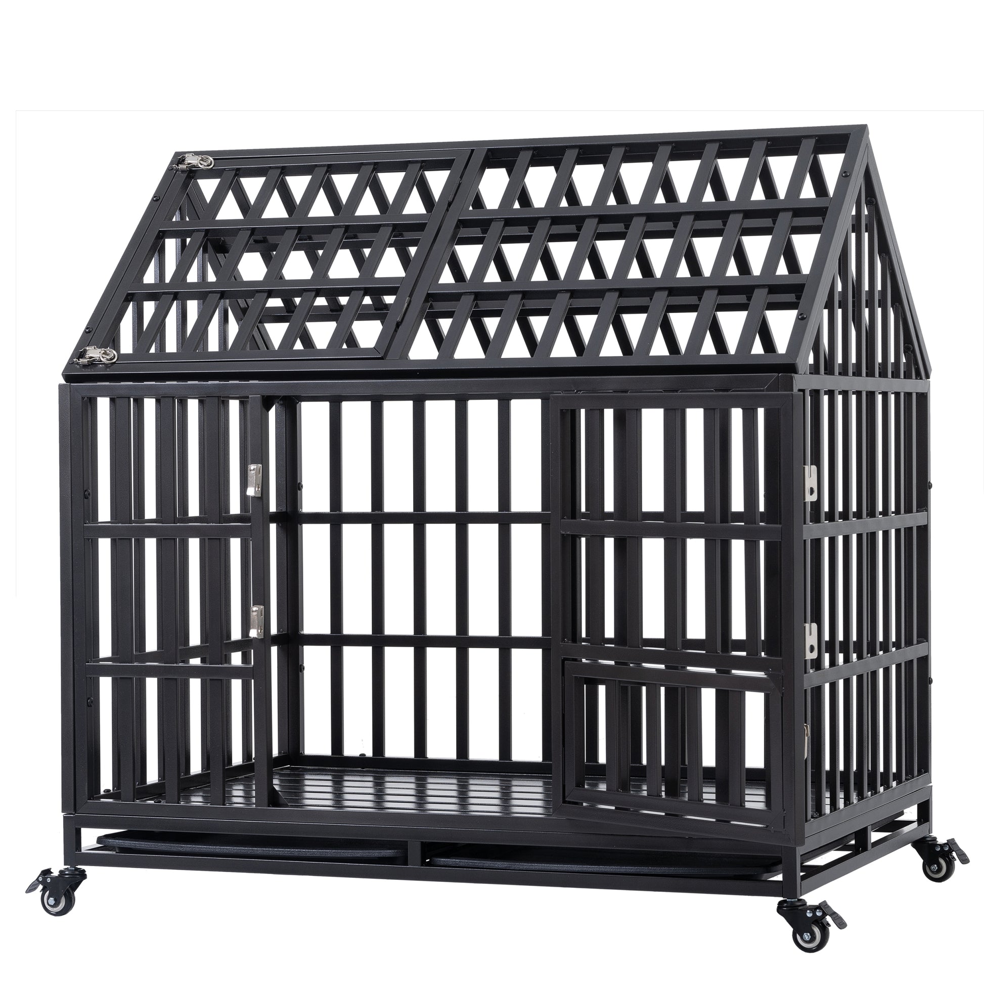 Heavy Duty Dog Cage Pet Crate With Roof Black Carbon Steel