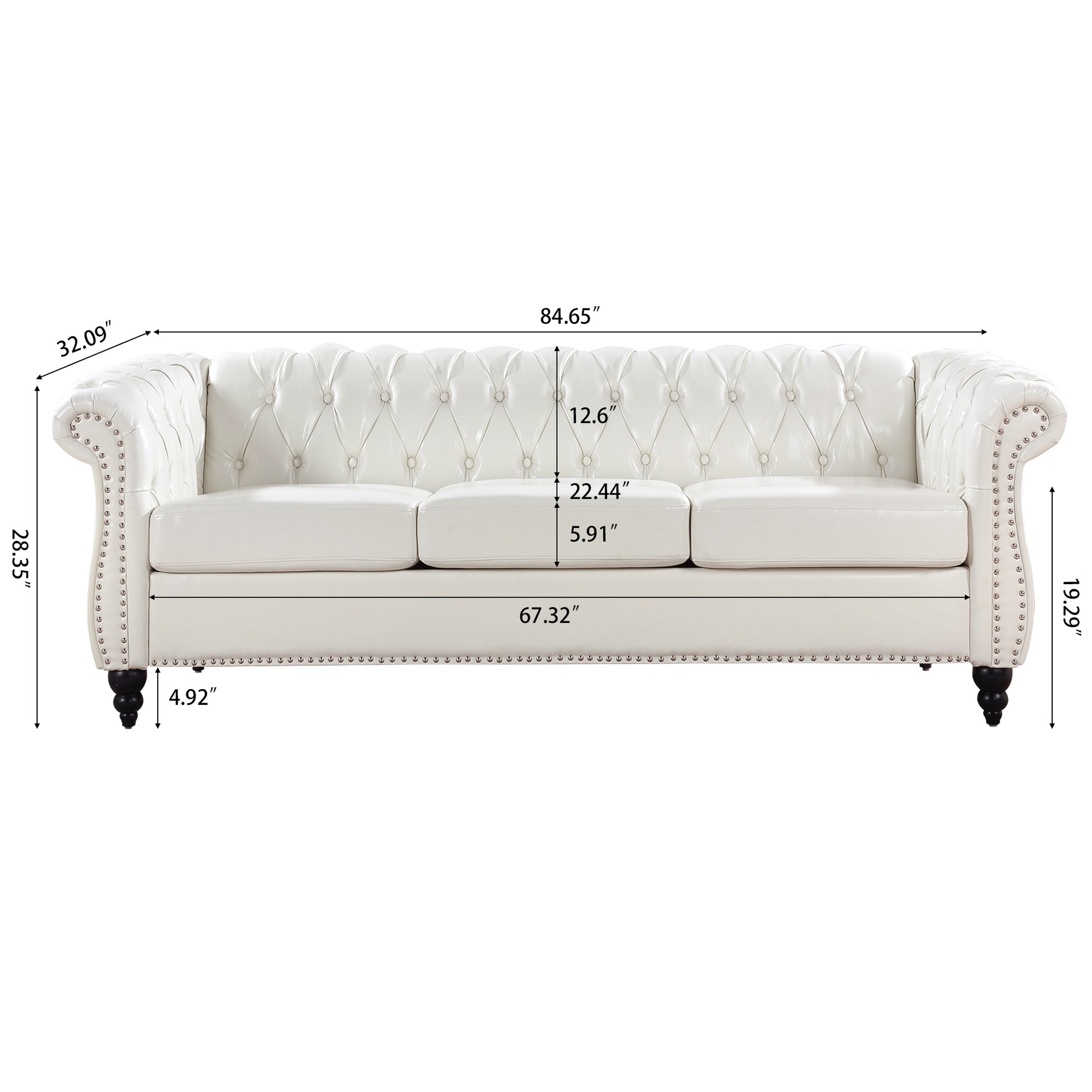 84.65" Rolled Arm Chesterfield 3 Seater Sofa White Foam Pu