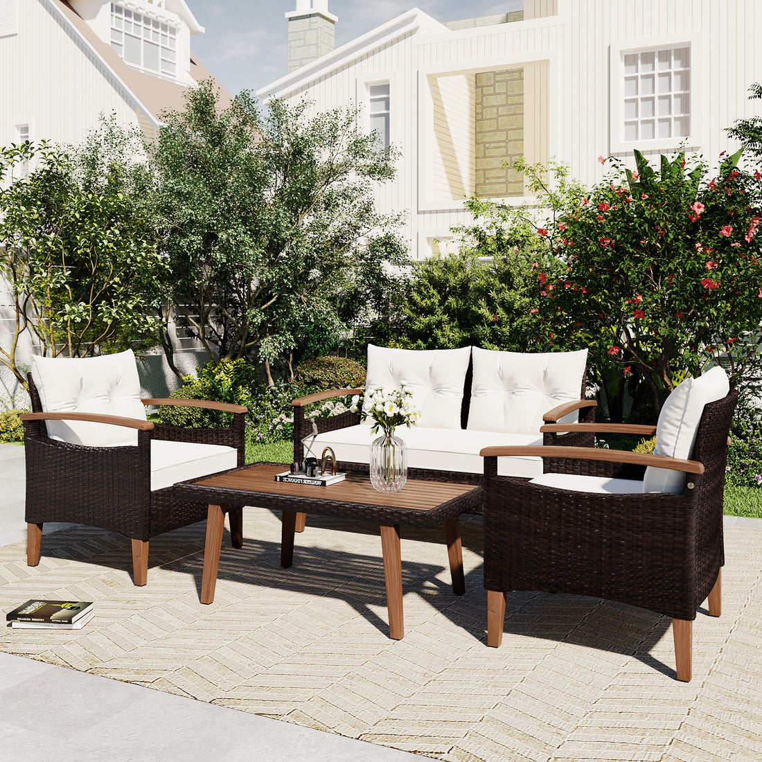 4 Piece Garden Furniture, Patio Seating Set, Pe Rattan Outdoor Sofa Set, Wood Table And Legs, Brown And Beige Yes Beige Polyurethane Foam Polyester,Wicker
