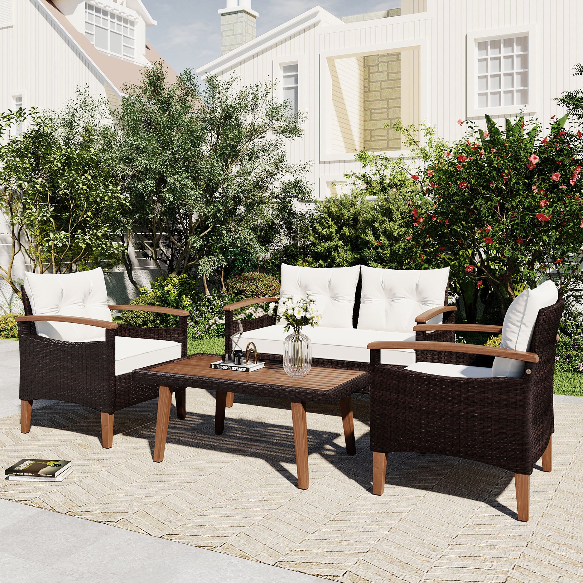 4 Piece Garden Furniture, Patio Seating Set, Pe Rattan Outdoor Sofa Set, Wood Table And Legs, Brown And Beige Yes Beige Polyurethane Foam Polyester,Wicker