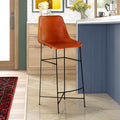 Bar Height Chair With Genuine Leather Upholstery, Tubular Frame, Tan Brown, Black Walnut Black Iron