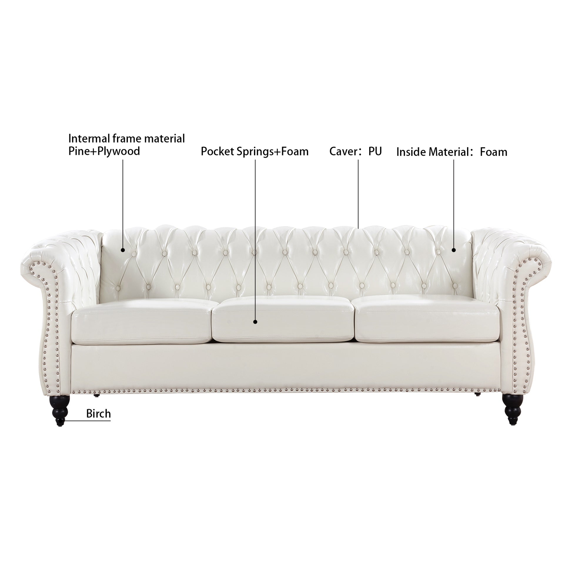 84.65" Rolled Arm Chesterfield 3 Seater Sofa White Foam Pu