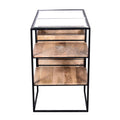 35 Inch Handcrafted Modern Glass Table, Storage Shelves, 3 Drawers, Metal Frame, Natural Brown And Black Walnut Black Mdf Glass