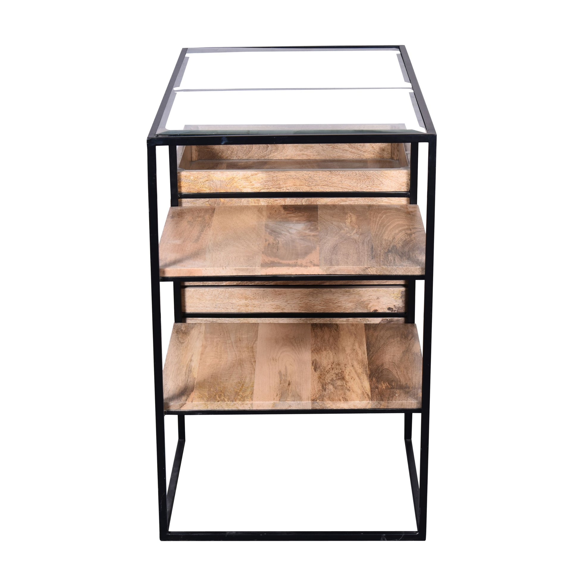 35 Inch Handcrafted Modern Glass Table, Storage Shelves, 3 Drawers, Metal Frame, Natural Brown And Black Walnut Black Mdf Glass