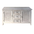 Olta 64 Inch Handcrafted Farmhouse Carved Sideboard Console Buffet, Mango Wood, 2 Engraved Doors, 3 Drawers, Antique White White Solid Wood Mdf