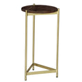 Brita 12 Inch Cocktail Accent Table, Round Wood Top, Triangular Gold Base, Brown, Brass Golden White Metal & Wood