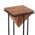 26 Inch Pyramid Shape Wooden Side Table With Cross Metal Base, Brown And Black Walnut Black Metal & Wood