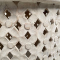 28 Inch Artisanal Round Mango Wood Coffee Table, Intricate Diamond Lattice Cut Out Frame, Washed White White Solid Wood