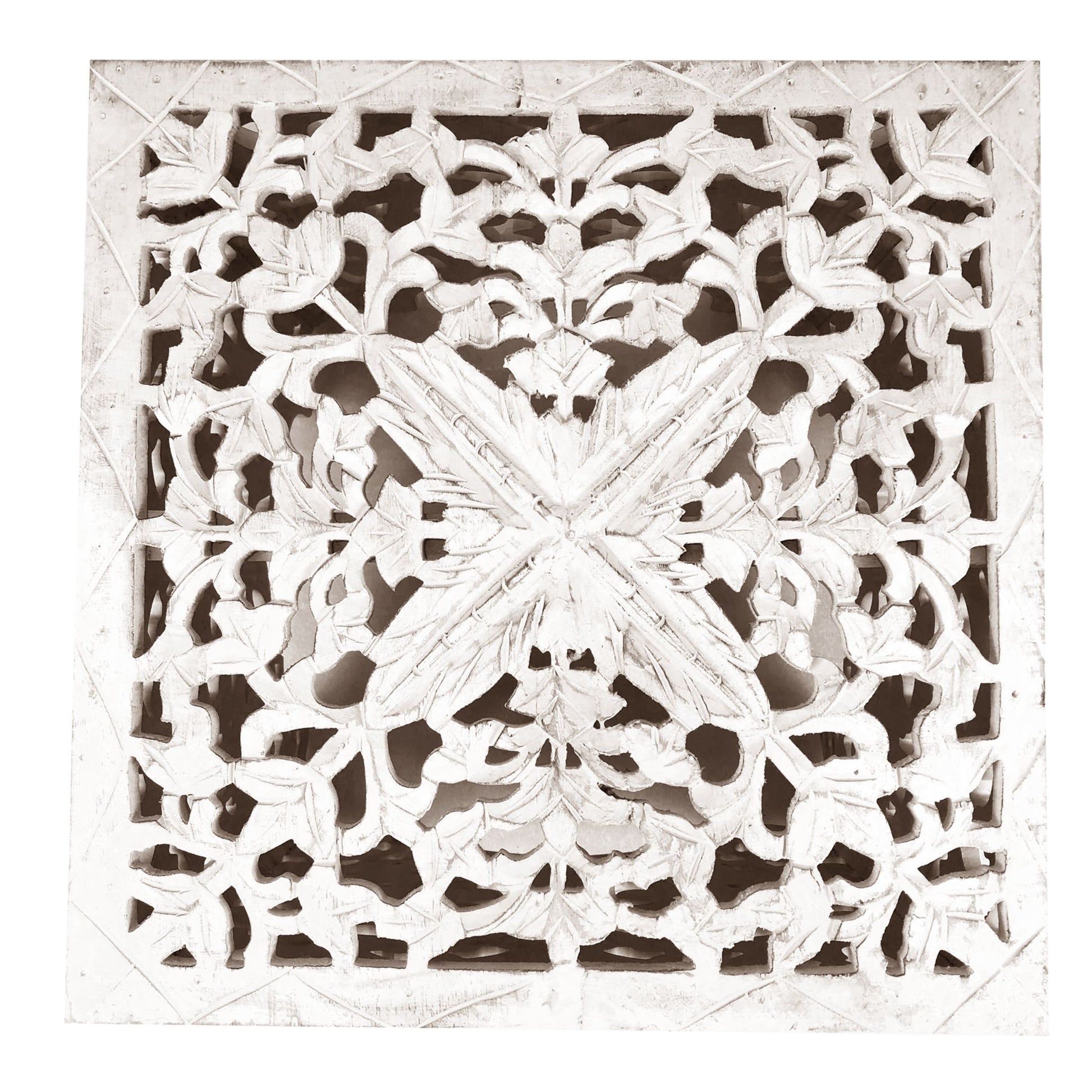 Wooden End Table With Floral Cut Out Design, Set Of 2, Antique White White Solid Wood