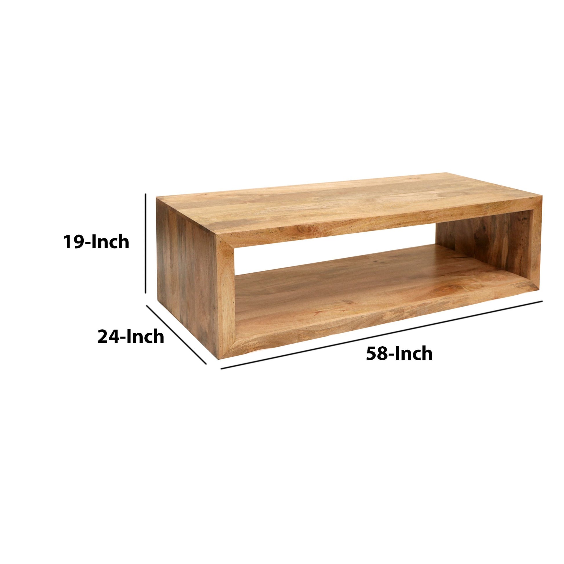 Keli 58 Inch Mango Wood Coffee Table, Open Cube, 1 Shelf, Natural Brown Brown Solid Wood