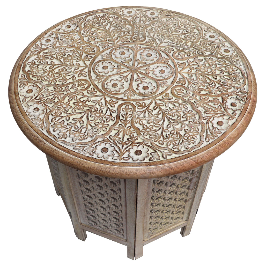 Mesh Cut Out Carved Mango Wood Octagonal Folding Table With Round Top, Antique White And Brown Brown White Solid Wood