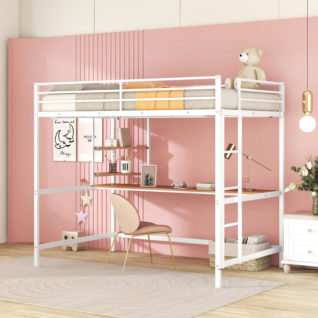 Full Metal Loft Bed With Desk And Shelve, White White Metal