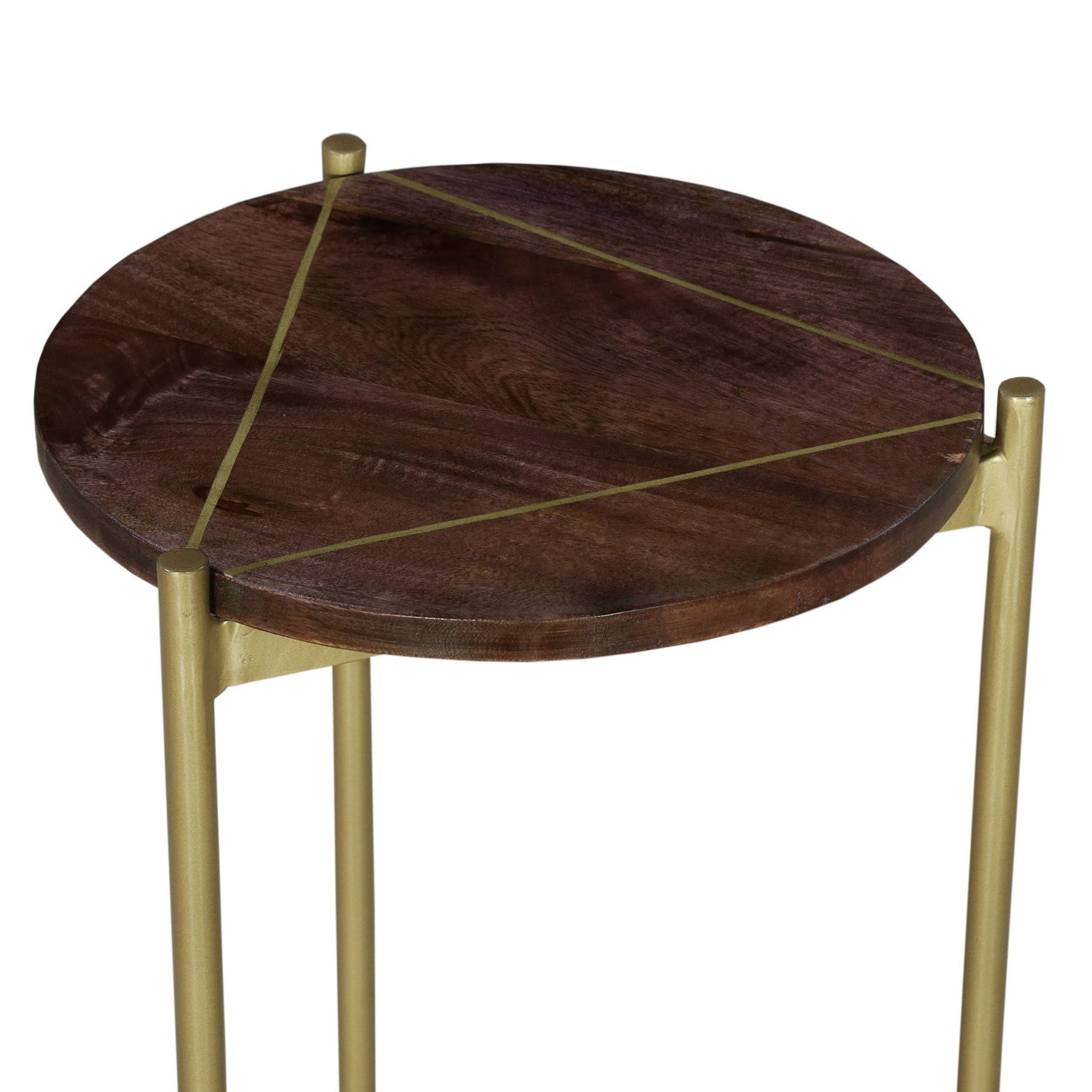 Brita 12 Inch Cocktail Accent Table, Round Wood Top, Triangular Gold Base, Brown, Brass Golden White Metal & Wood