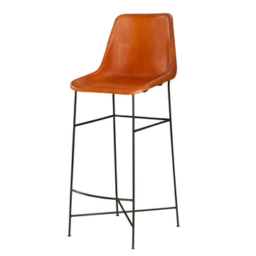 Bar Height Chair With Genuine Leather Upholstery, Tubular Frame, Tan Brown, Black Walnut Black Iron