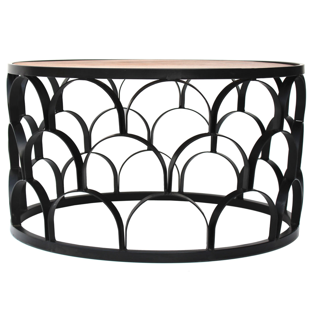 32 Inch Round Coffee Table, Mango Wood Top, Lattice Cut Out Metal Frame, Brown, Black Walnut Black Metal & Wood
