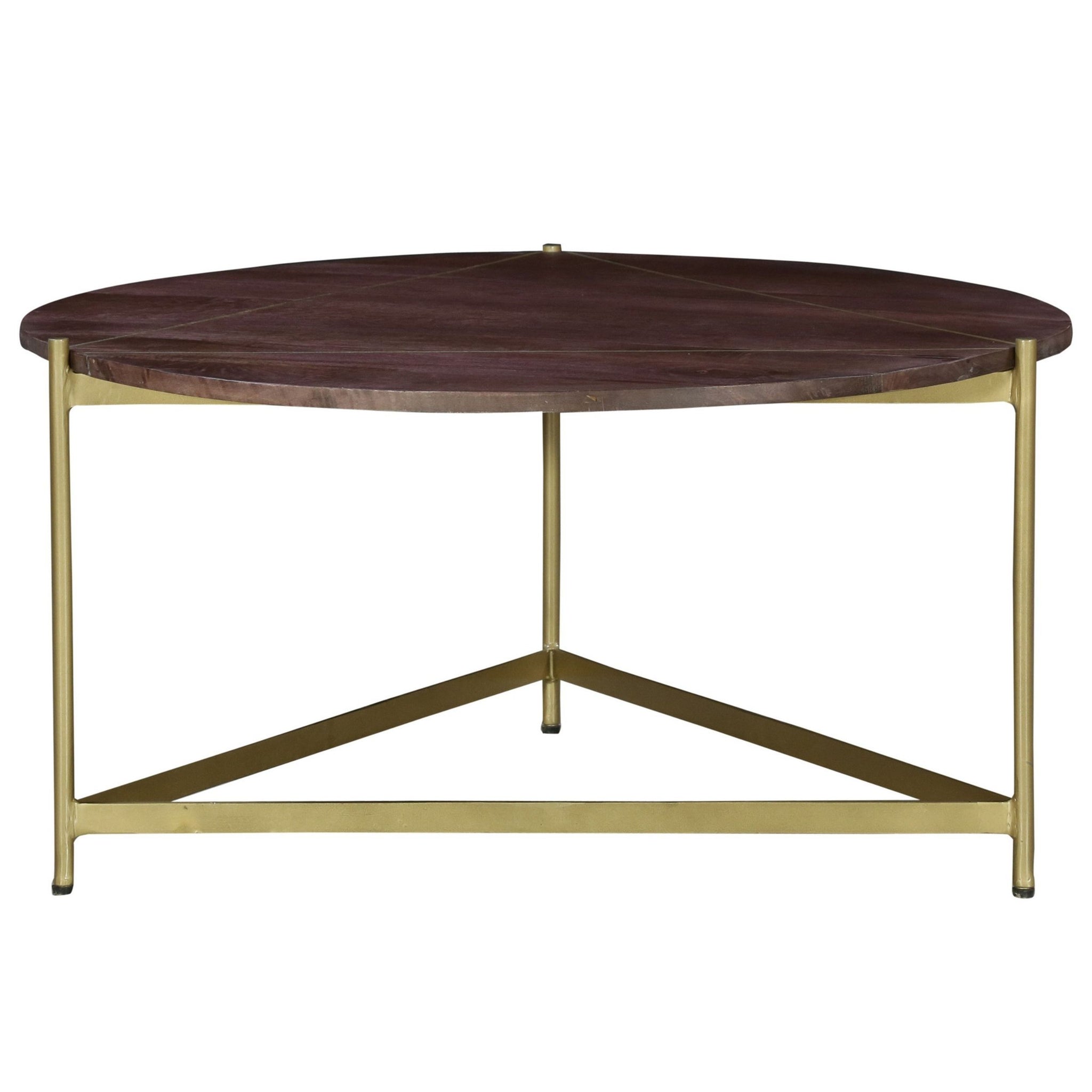 Ellis 32 Inch Round Wood Coffee Table With Brass Metal Base, Brown, Matte Gold Golden White Metal & Wood