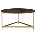 Ellis 32 Inch Round Wood Coffee Table With Brass Metal Base, Brown, Matte Gold Golden White Metal & Wood