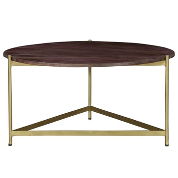 Ellis 32 Inch Round Wood Coffee Table With Brass Metal Base, Brown, Matte Gold Golden White Metal & Wood