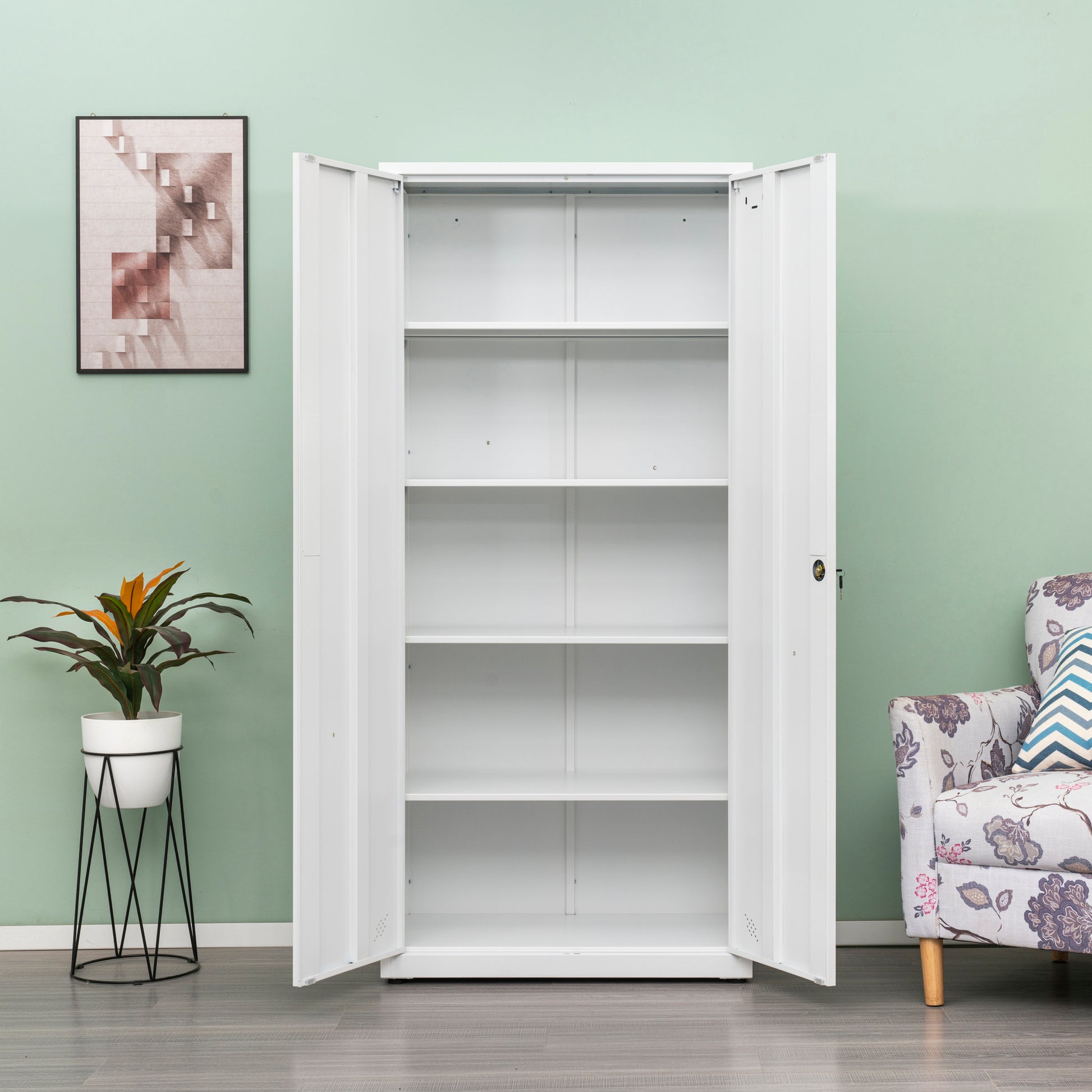 High Storage Cabinet With 2 Doors And 4 Partitions To Separate 5 Storage Spaces, Home Office Design 3 4 Shelves White Office Steel