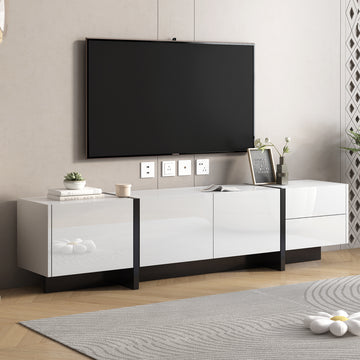 White & Black Contemporary Rectangle Design Tv Stand, Unique Style Tv Console Table For Tvs Up To 80'', Modern Tv Cabinet With High Gloss Uv Surface For Living Room. White 80 89 Inches Particle Board