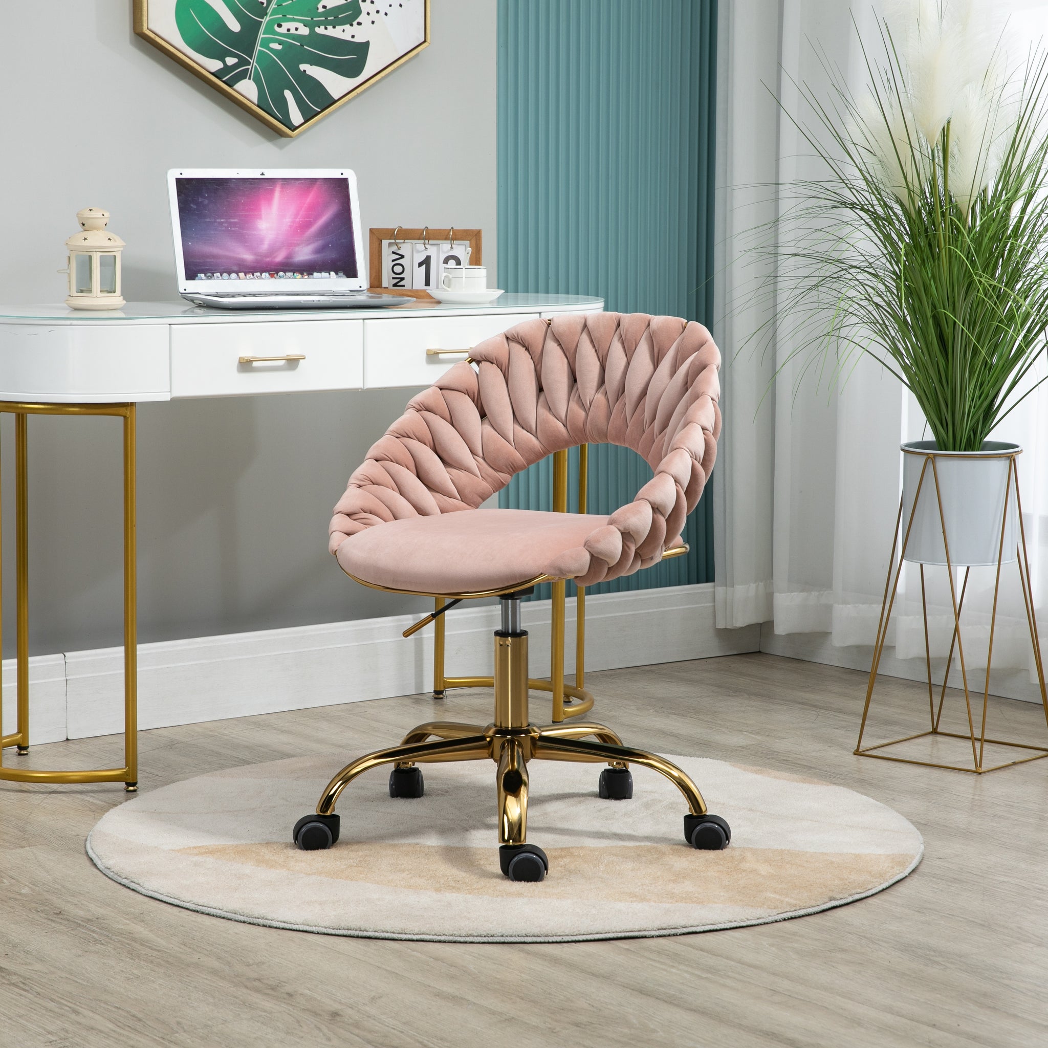 Coolmore Computer Chair Office Chair Adjustable Swivel Chair Fabric Seat Home Study Chair Pink Polyester