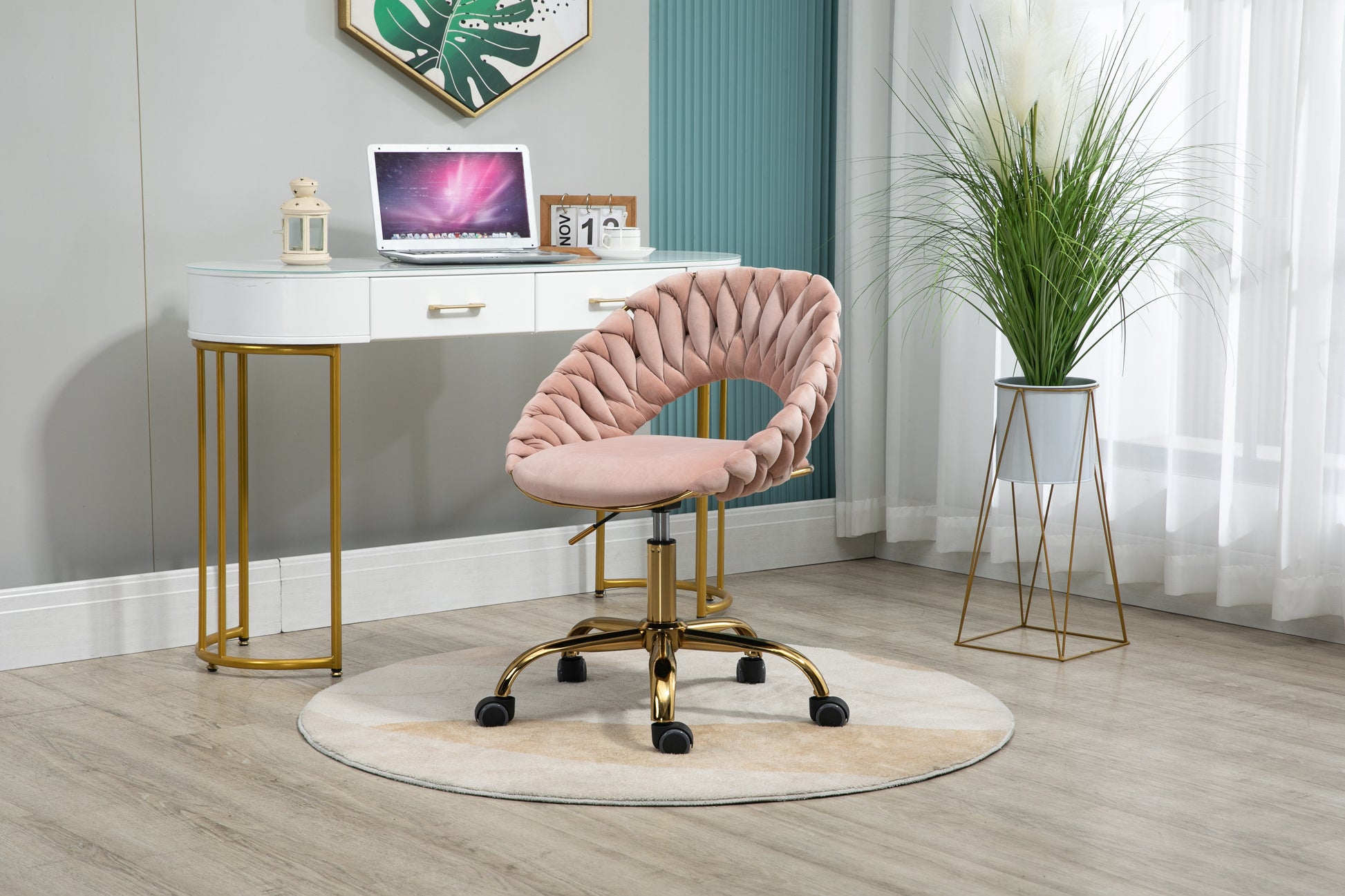 Coolmore Computer Chair Office Chair Adjustable Swivel Chair Fabric Seat Home Study Chair Pink Polyester