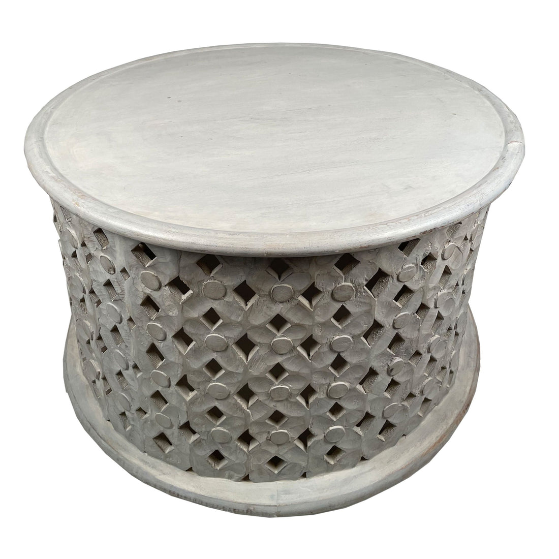 28 Inch Artisanal Round Mango Wood Coffee Table, Intricate Diamond Lattice Cut Out Frame, Washed White White Solid Wood