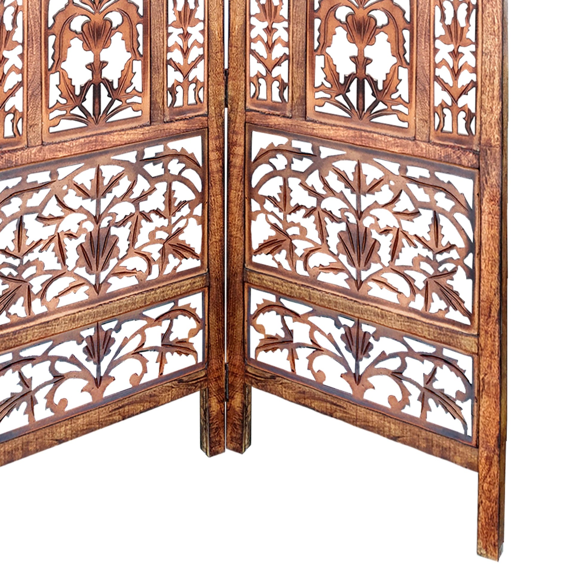 Handcrafted 3 Panel Mango Wood Screen With Cutout Filigree Carvings, Brown Brown Solid Wood Mdf