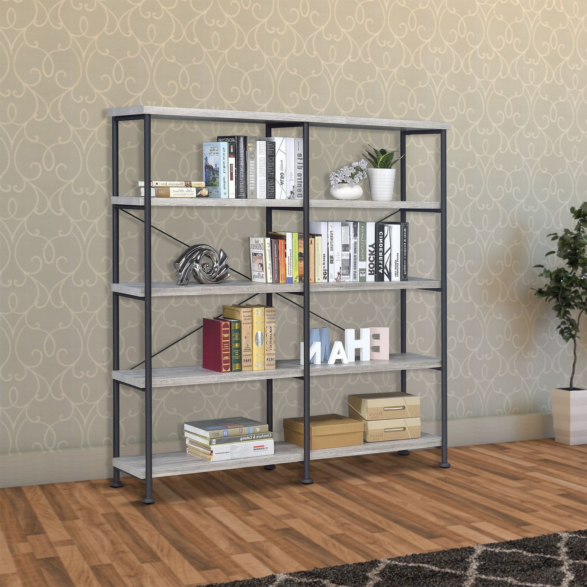 63 Inch Industrial 4 Tier Bookshelf, Particleboard, Metal Frame, Gray, Black Black Gray Metal & Wood