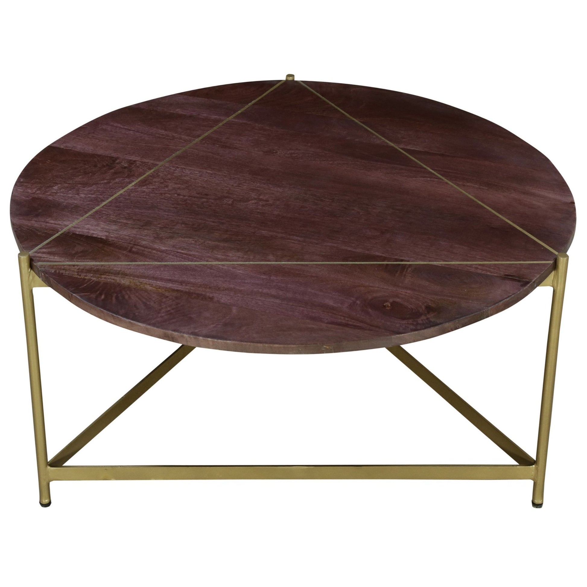 Ellis 32 Inch Round Wood Coffee Table With Brass Metal Base, Brown, Matte Gold Golden White Metal & Wood