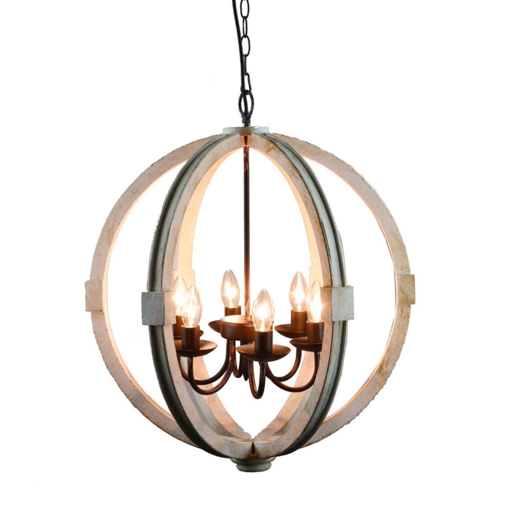 Calder Wooden Orb Shape Chandelier With Metal Chain And Six Bulb Holders, White White Metal & Wood