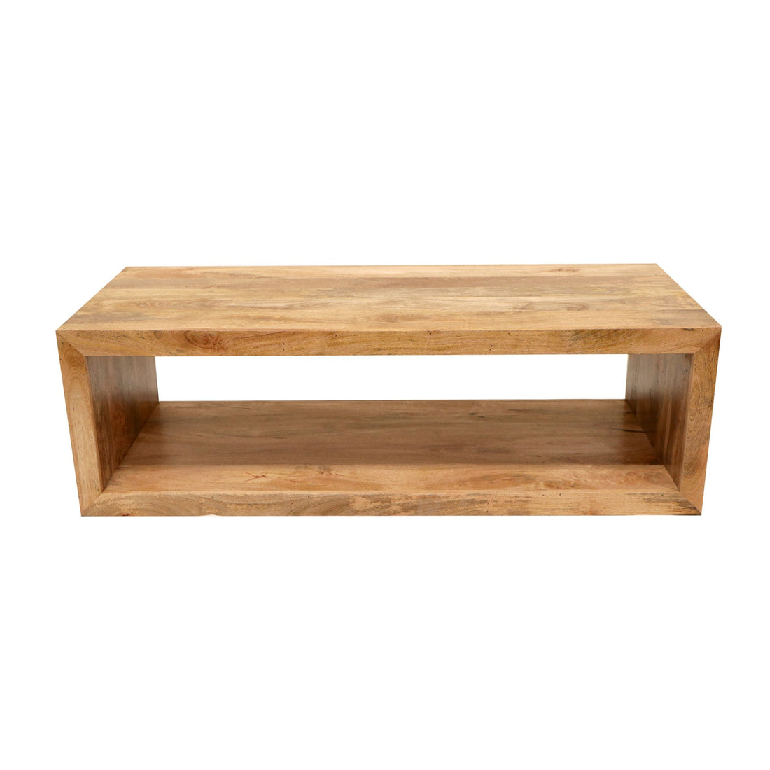 Keli 58 Inch Mango Wood Coffee Table, Open Cube, 1 Shelf, Natural Brown Brown Solid Wood