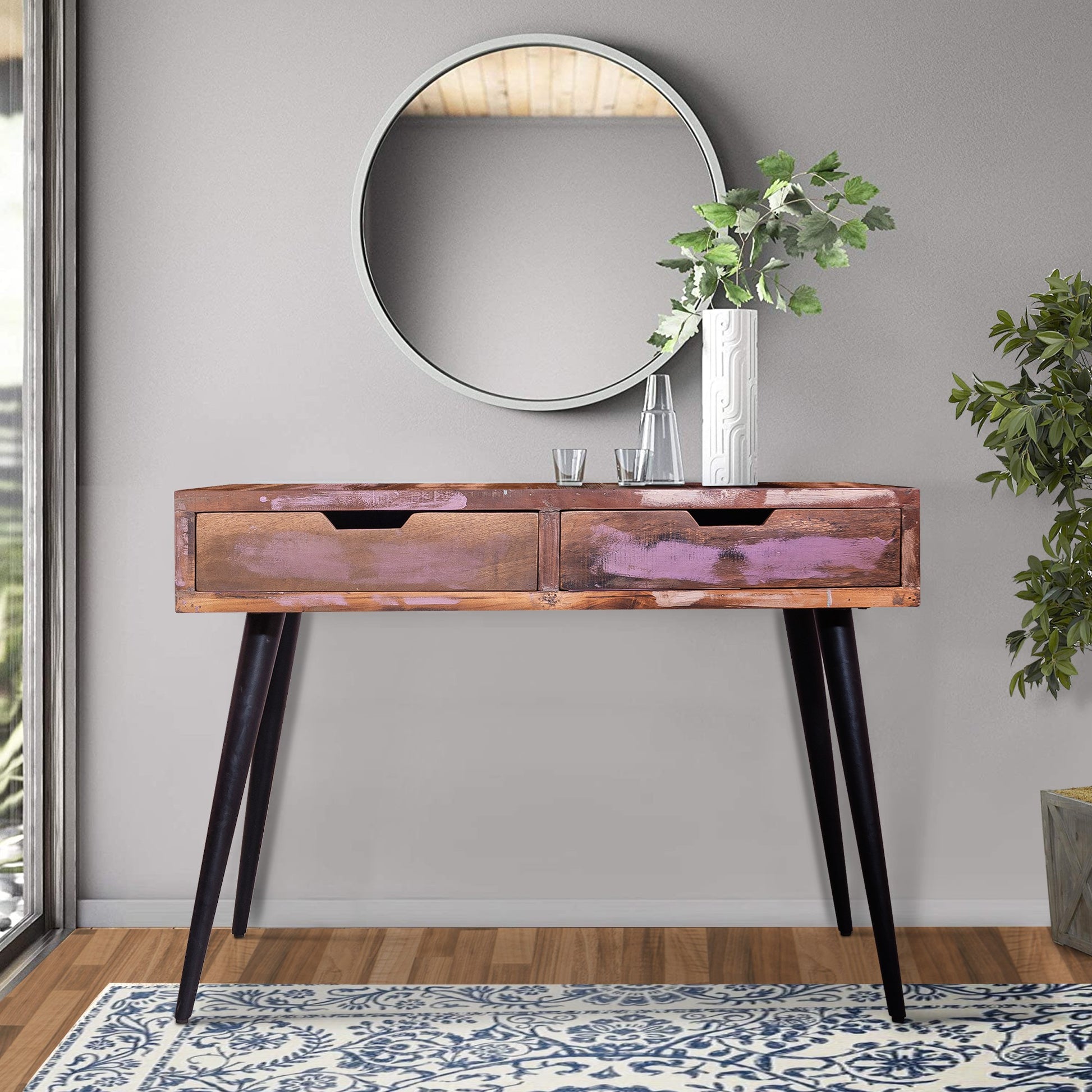 43 Inch 2 Drawer Reclaimed Wood Console Table, Angled Legs, Multi Tone Pastel Accent, Brown, Black Walnut Black Metal & Wood