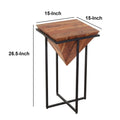 26 Inch Pyramid Shape Wooden Side Table With Cross Metal Base, Brown And Black Walnut Black Metal & Wood