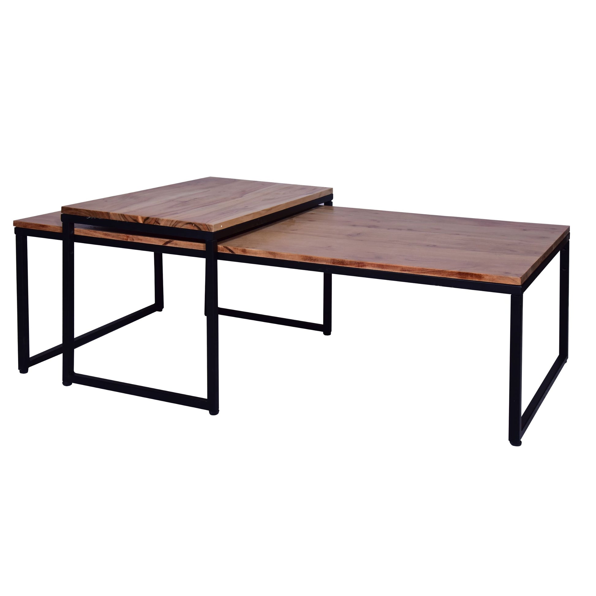 48, 27 Inch 2 Piece Rectangular Wood Nesting Coffee And End Table Set, Sled Metal Base, Brown, Black Walnut Black Metal & Wood