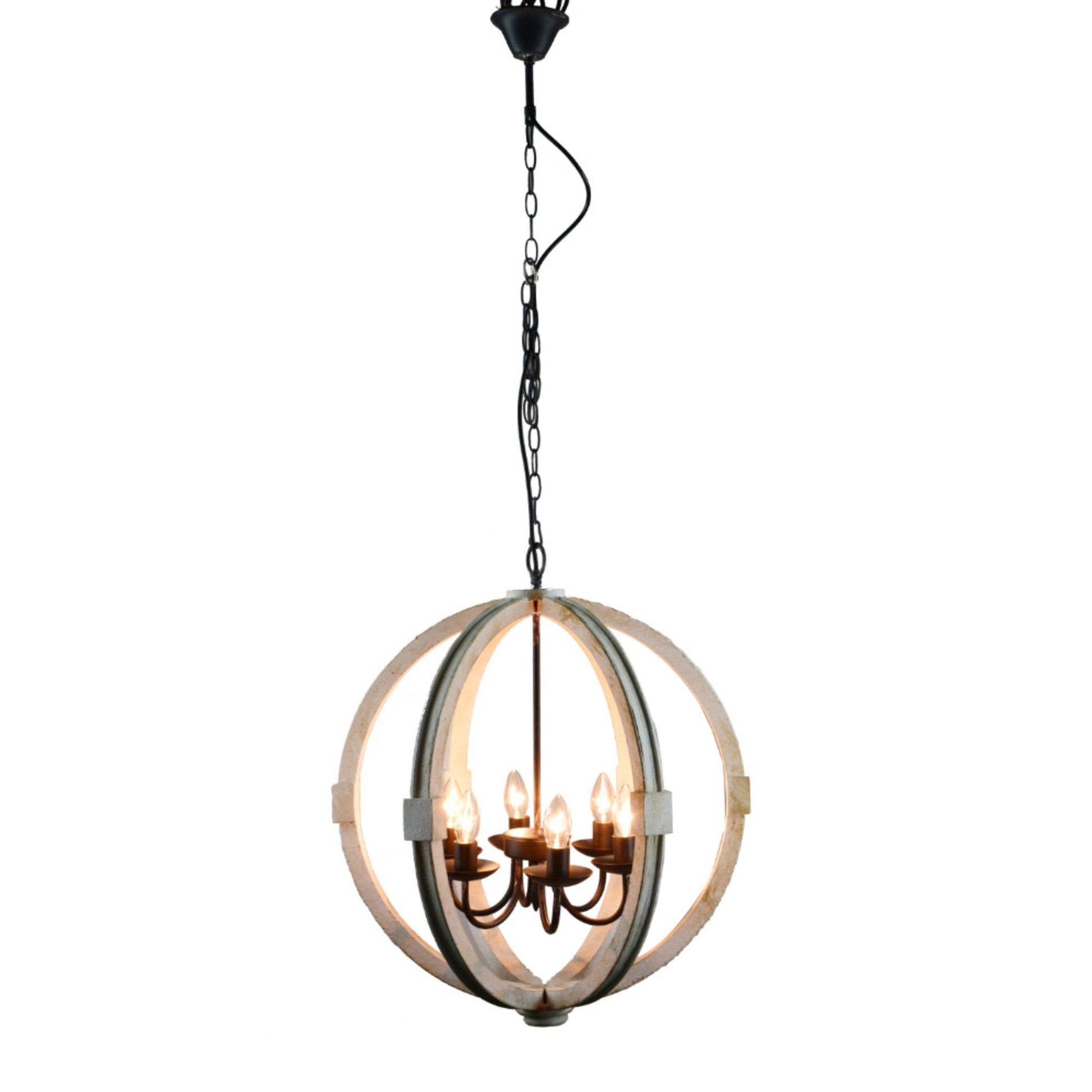 Calder Wooden Orb Shape Chandelier With Metal Chain And Six Bulb Holders, White White Metal & Wood