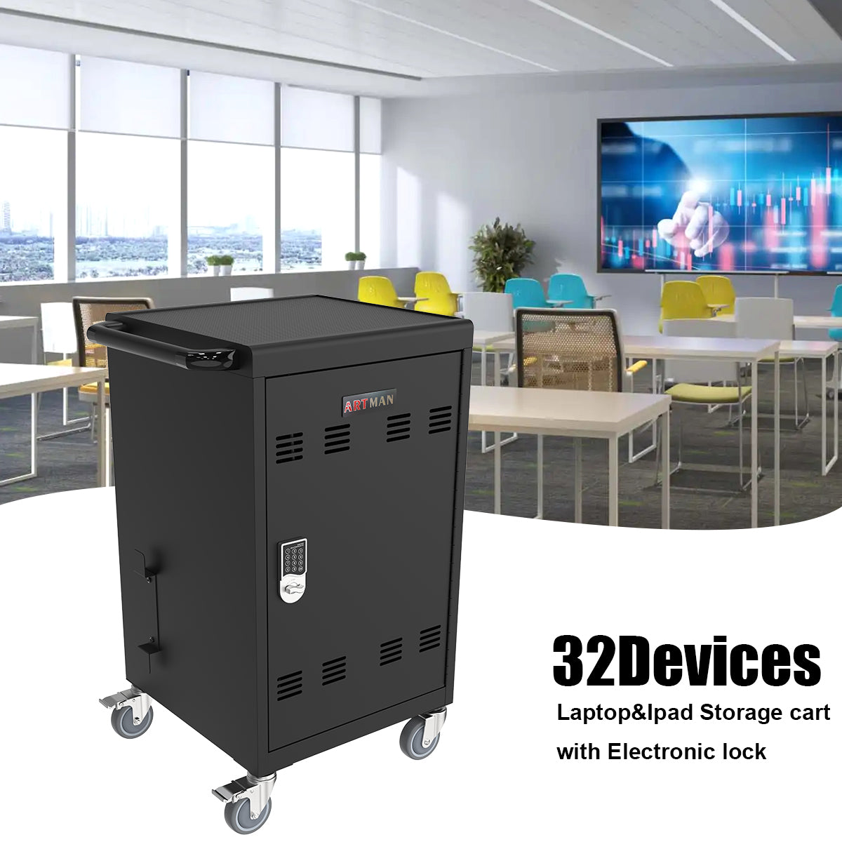 Mobile Charging Cart And Cabinet For Tablets Laptops 30 Device With Combination Lock Black Matt Black Steel