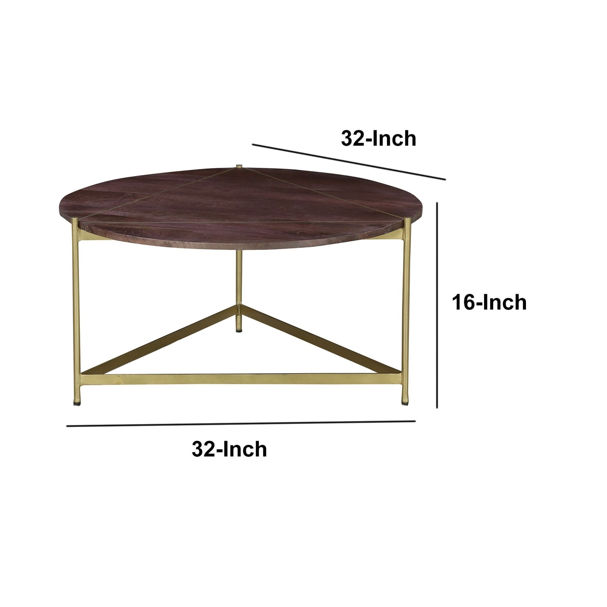 Ellis 32 Inch Round Wood Coffee Table With Brass Metal Base, Brown, Matte Gold Golden White Metal & Wood