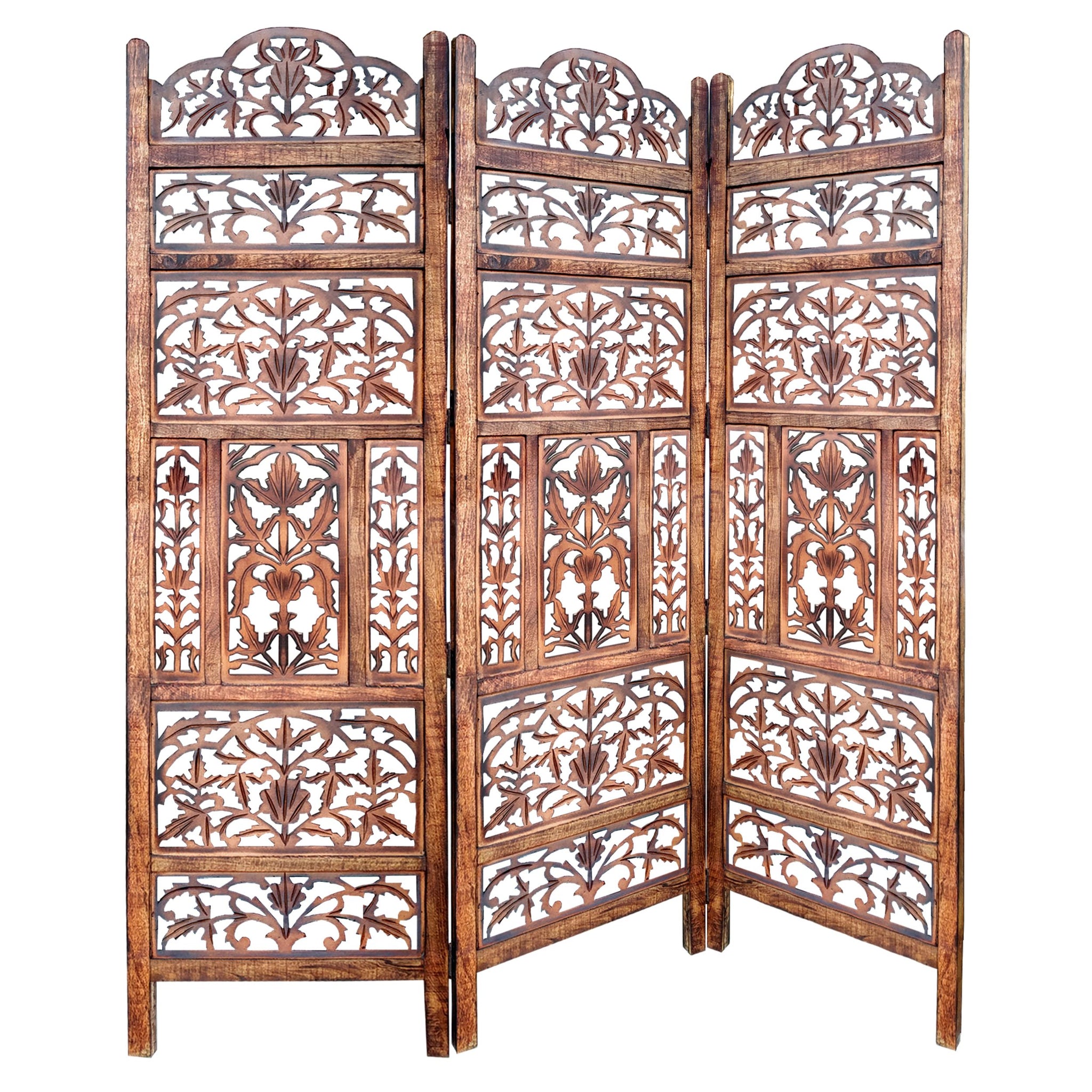 Handcrafted 3 Panel Mango Wood Screen With Cutout Filigree Carvings, Brown Brown Solid Wood Mdf