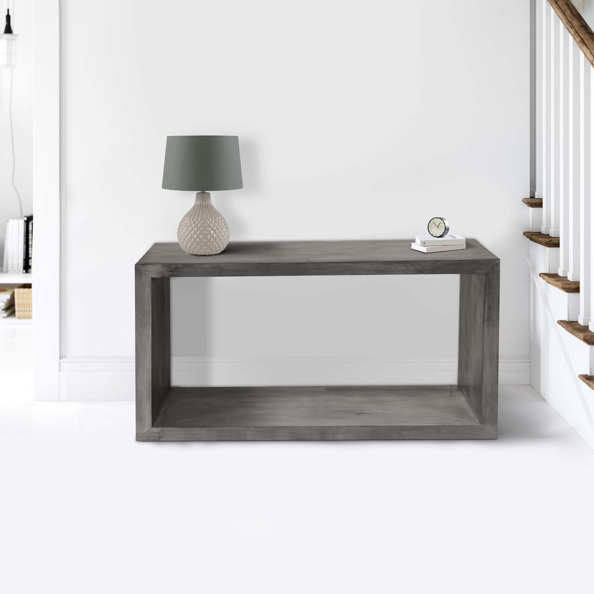 52" Cube Shape Wooden Console Table With Open Bottom Shelf, Charcoal Gray Gray Solid Wood