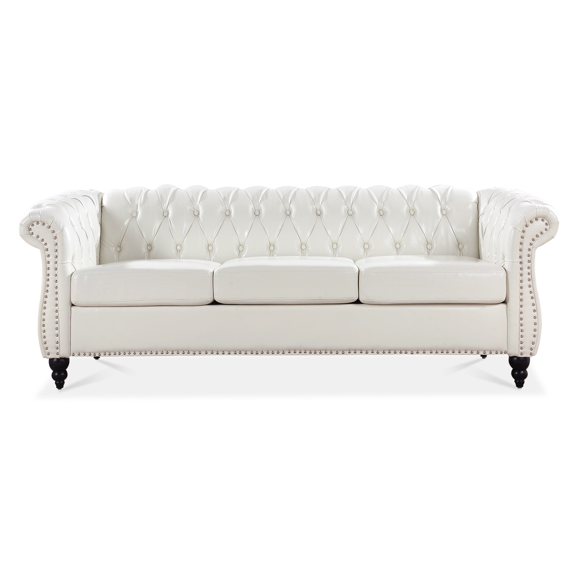 84.65" Rolled Arm Chesterfield 3 Seater Sofa White Foam Pu