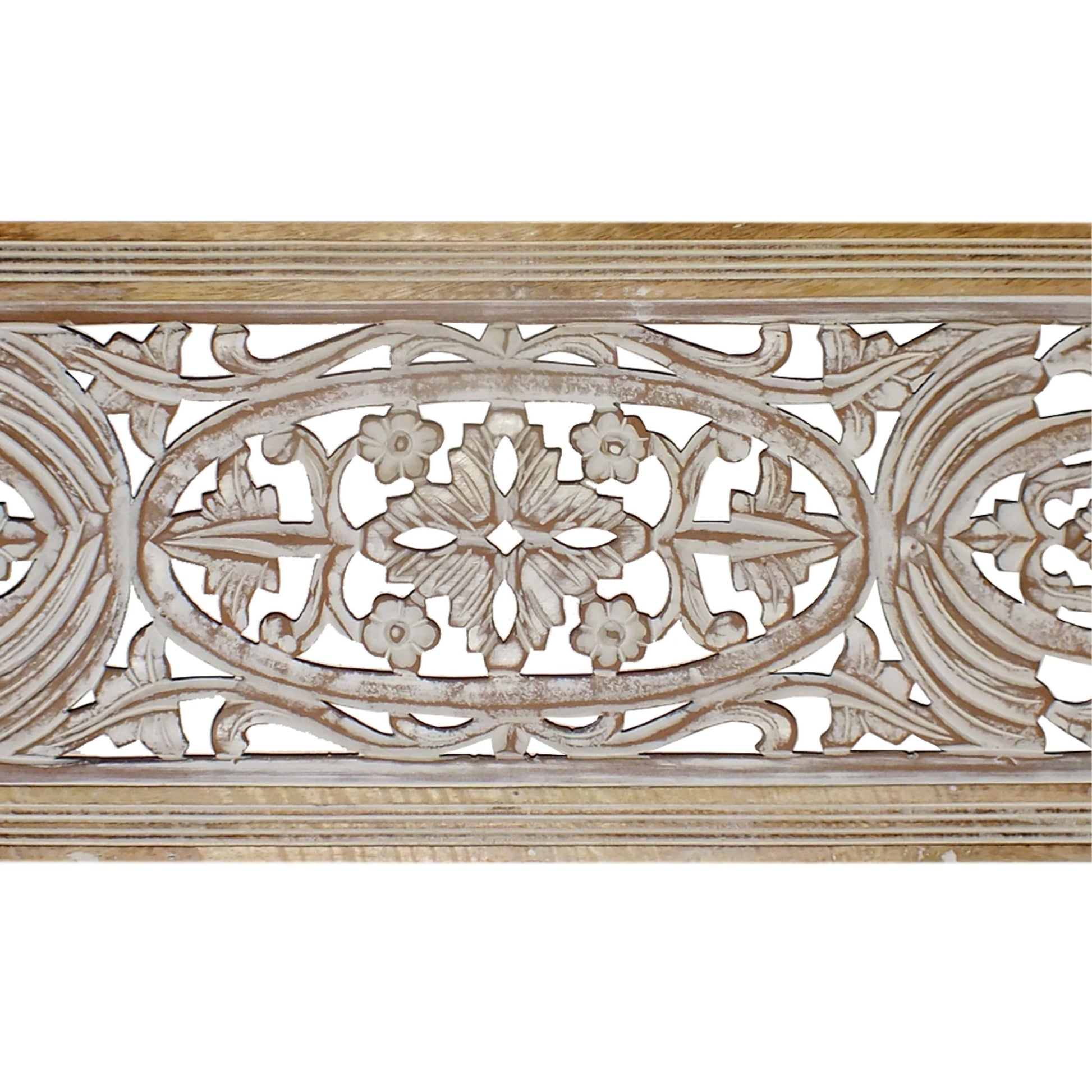 Rectangular Mango Wood Wall Panel Hand Crafted With Intricate Carving, White And Brown Brown White Metal & Wood