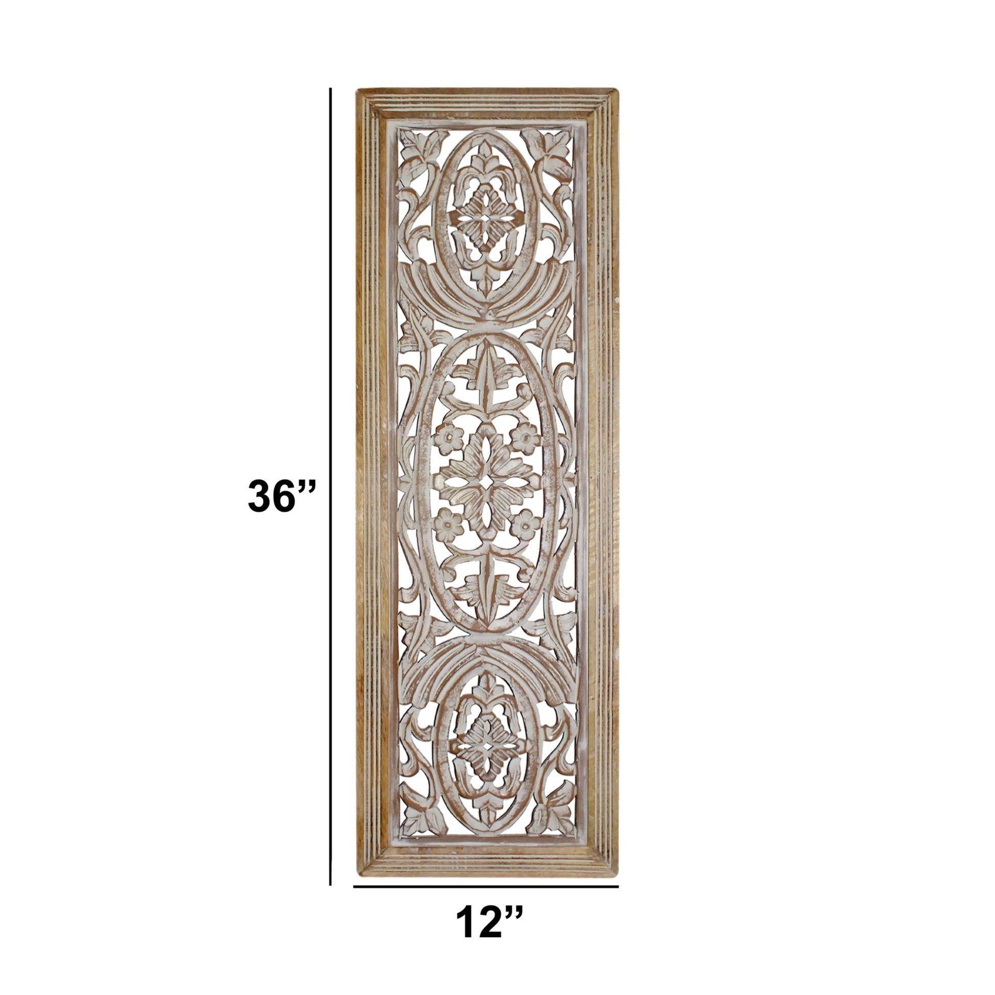 Rectangular Mango Wood Wall Panel Hand Crafted With Intricate Carving, White And Brown Brown White Metal & Wood