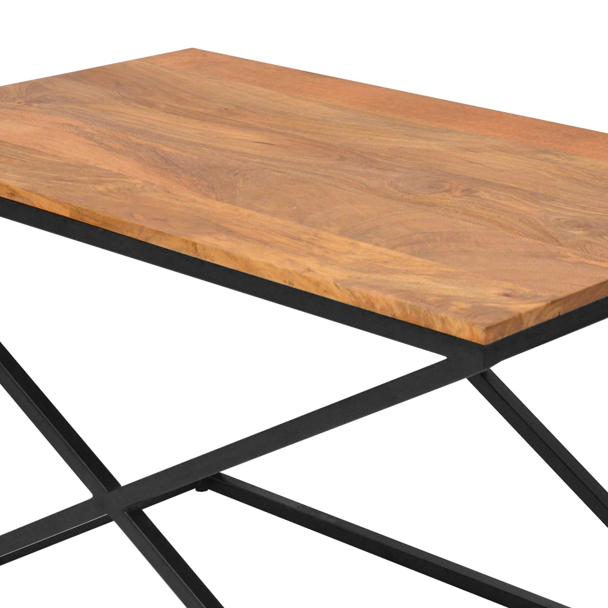 35 Inch Wooden Rectangle Coffee Table With X Shape Metal Frame, Brown And Black Walnut Black Metal & Wood