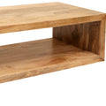 Keli 58 Inch Mango Wood Coffee Table, Open Cube, 1 Shelf, Natural Brown Brown Solid Wood