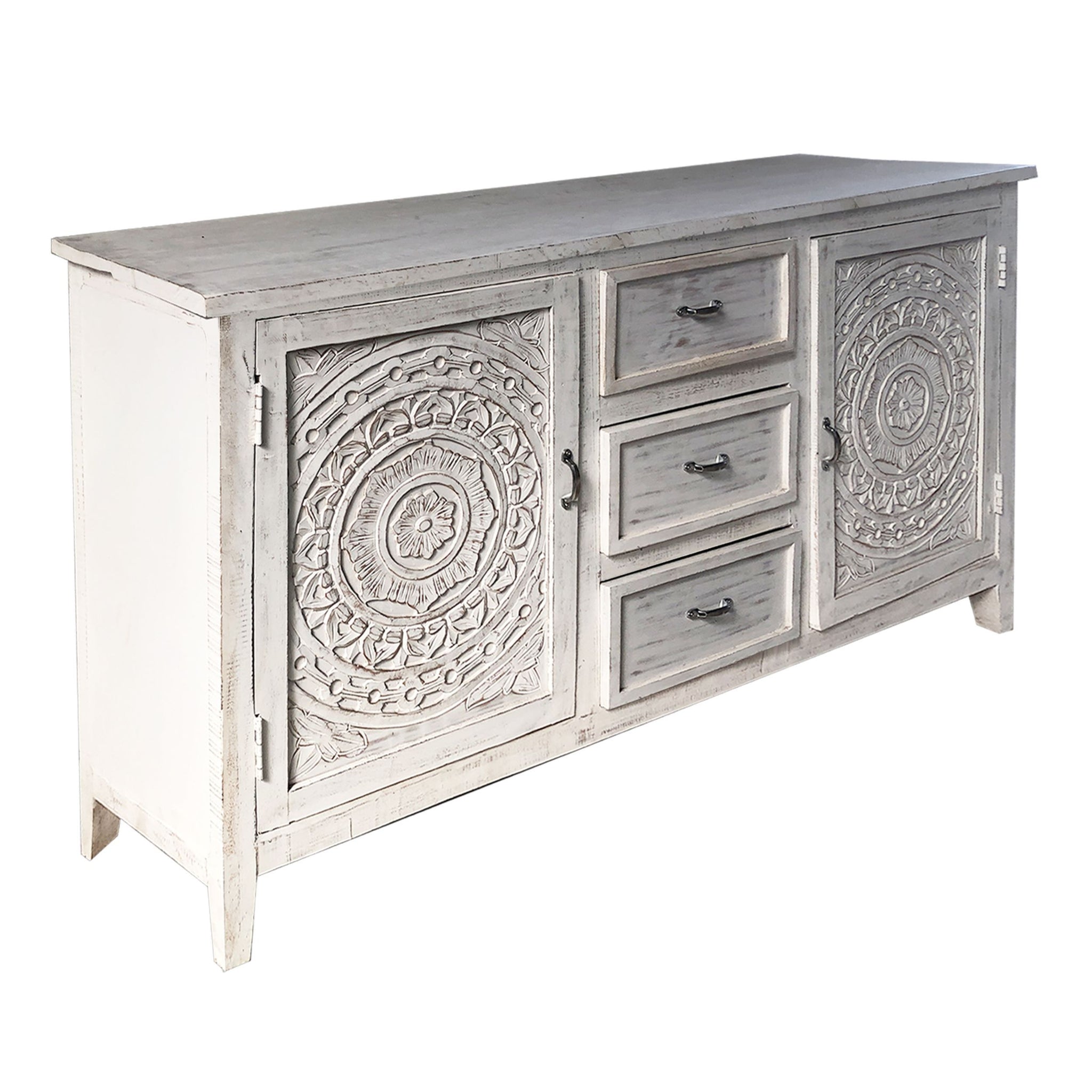 Olta 64 Inch Handcrafted Farmhouse Carved Sideboard Console Buffet, Mango Wood, 2 Engraved Doors, 3 Drawers, Antique White White Solid Wood Mdf