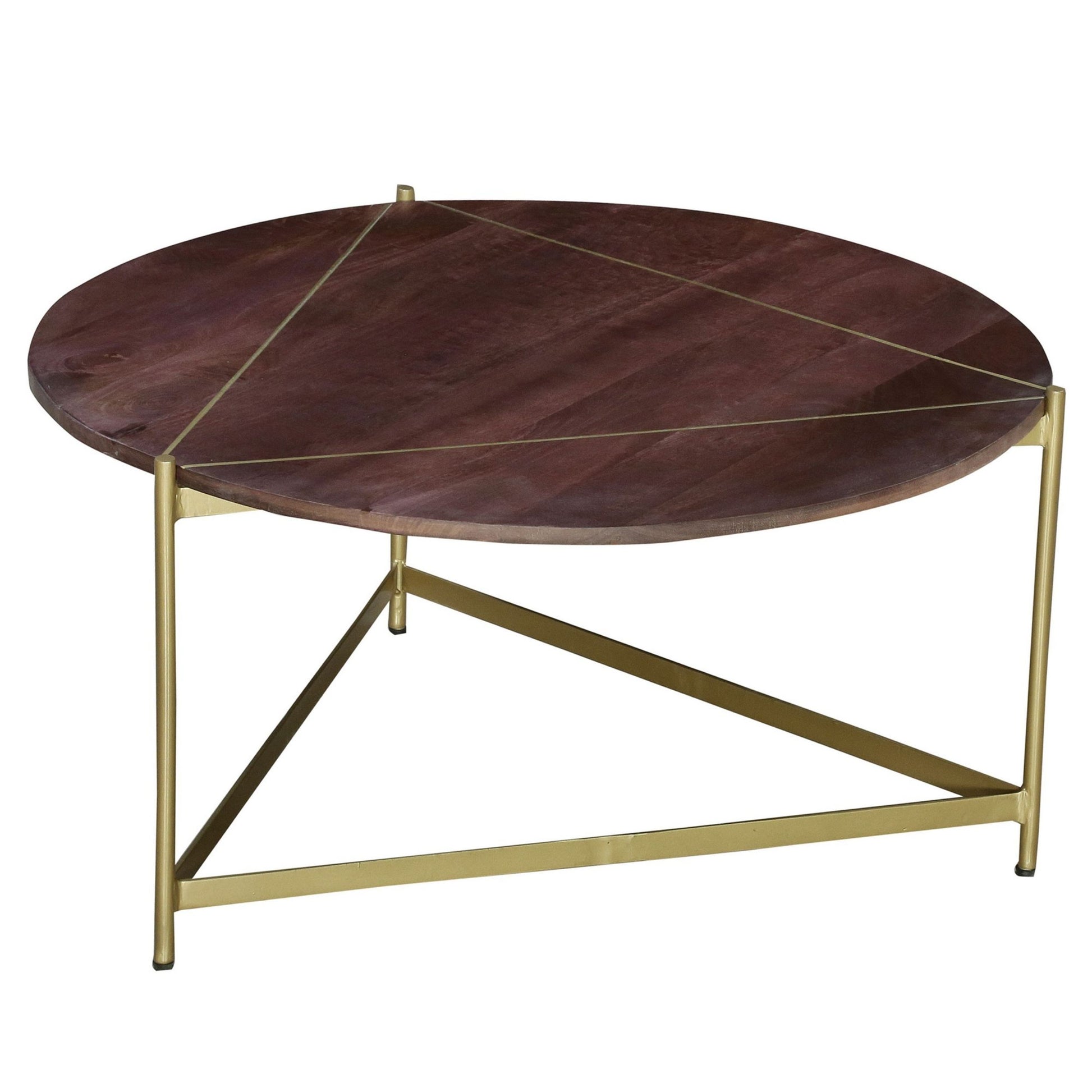 Ellis 32 Inch Round Wood Coffee Table With Brass Metal Base, Brown, Matte Gold Golden White Metal & Wood