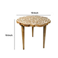 18 Inch Handcrafted Mango Wood Side End Table, Floral Carved Top, Tripod Base, Antique Brown, White Brown White Solid Wood