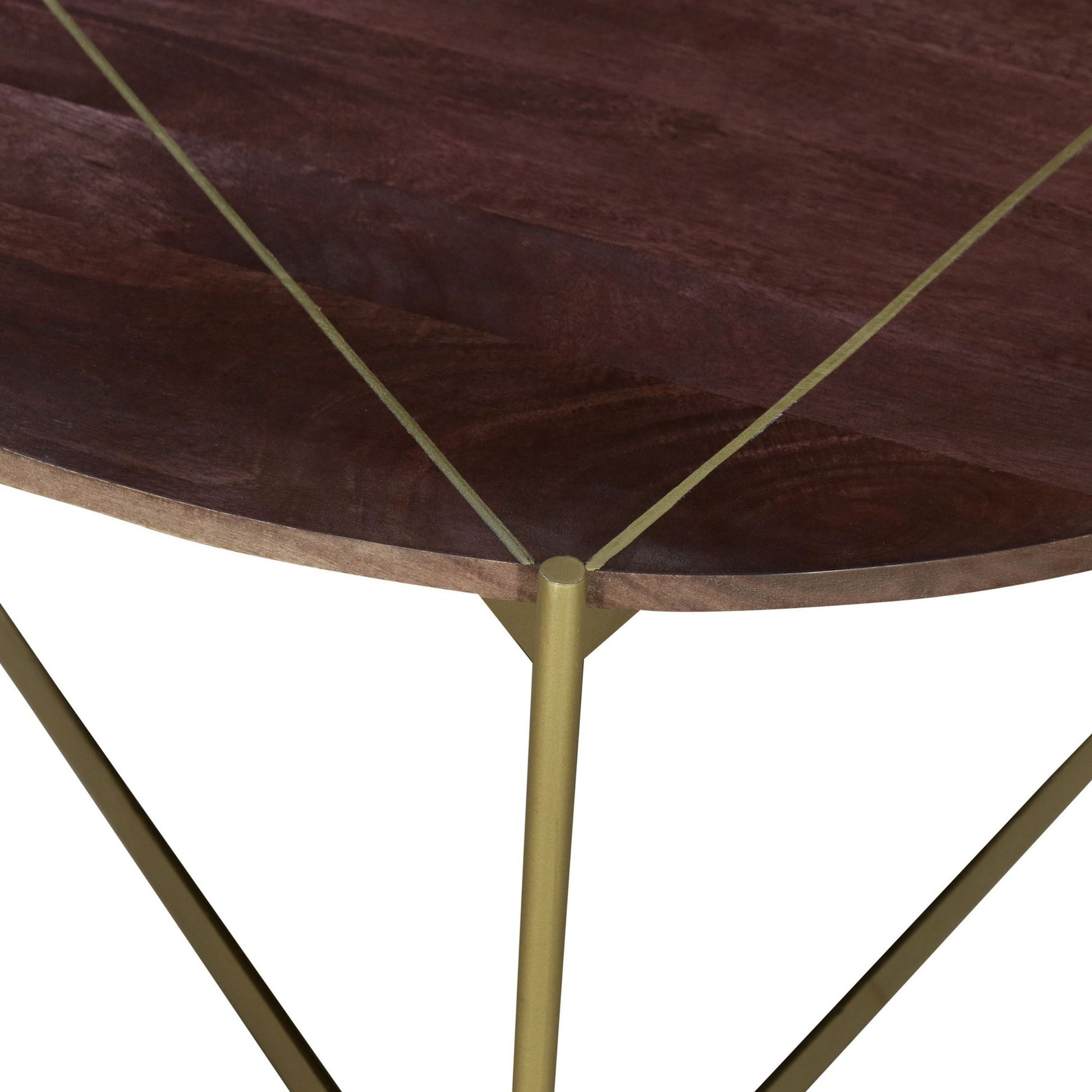 Ellis 32 Inch Round Wood Coffee Table With Brass Metal Base, Brown, Matte Gold Golden White Metal & Wood